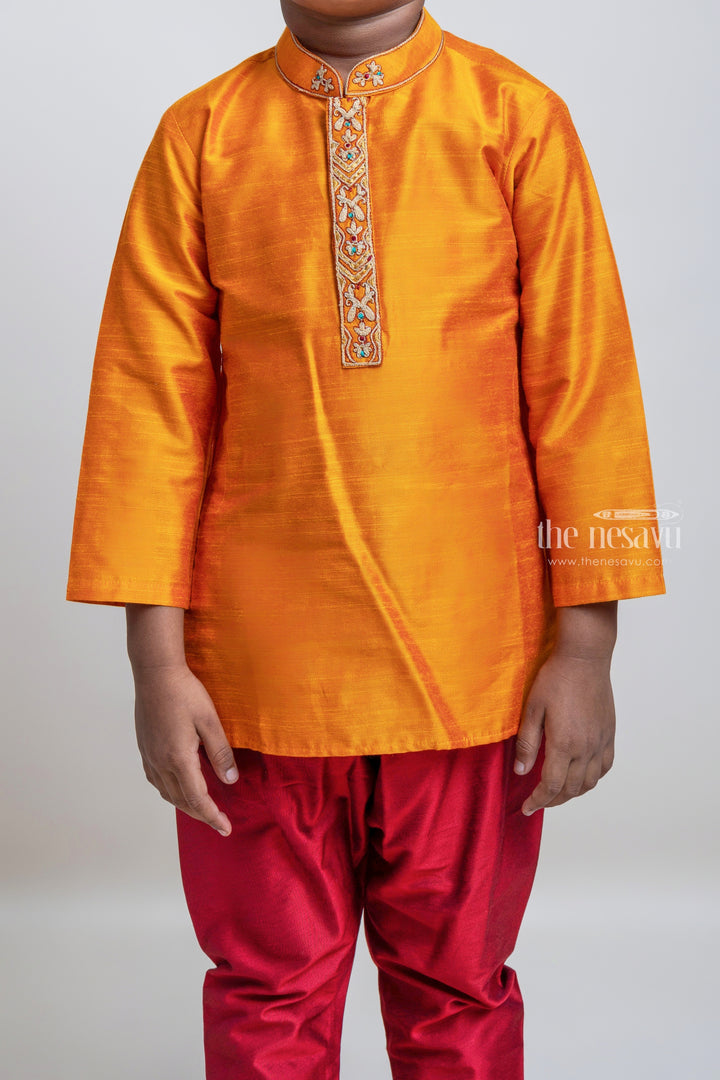 Eye-Catching Golden Yellow Kurta With Cherry Red Pant For Little Boys