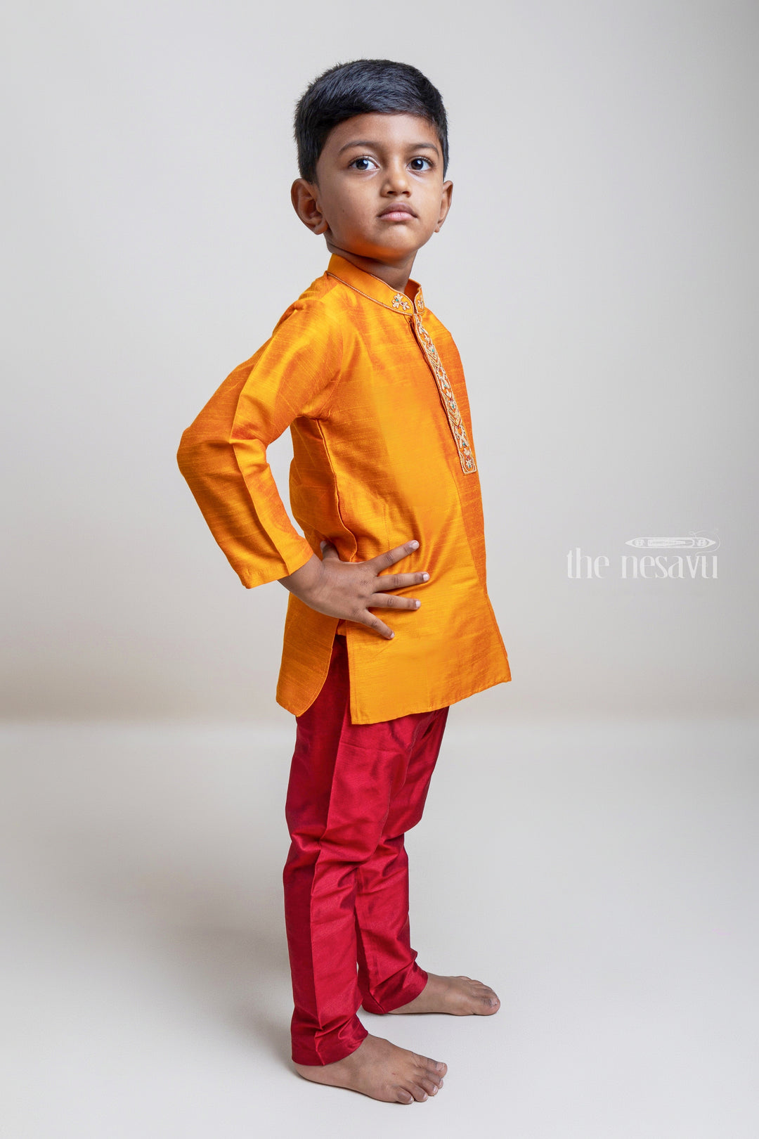 Eye-Catching Golden Yellow Kurta With Cherry Red Pant For Little Boys