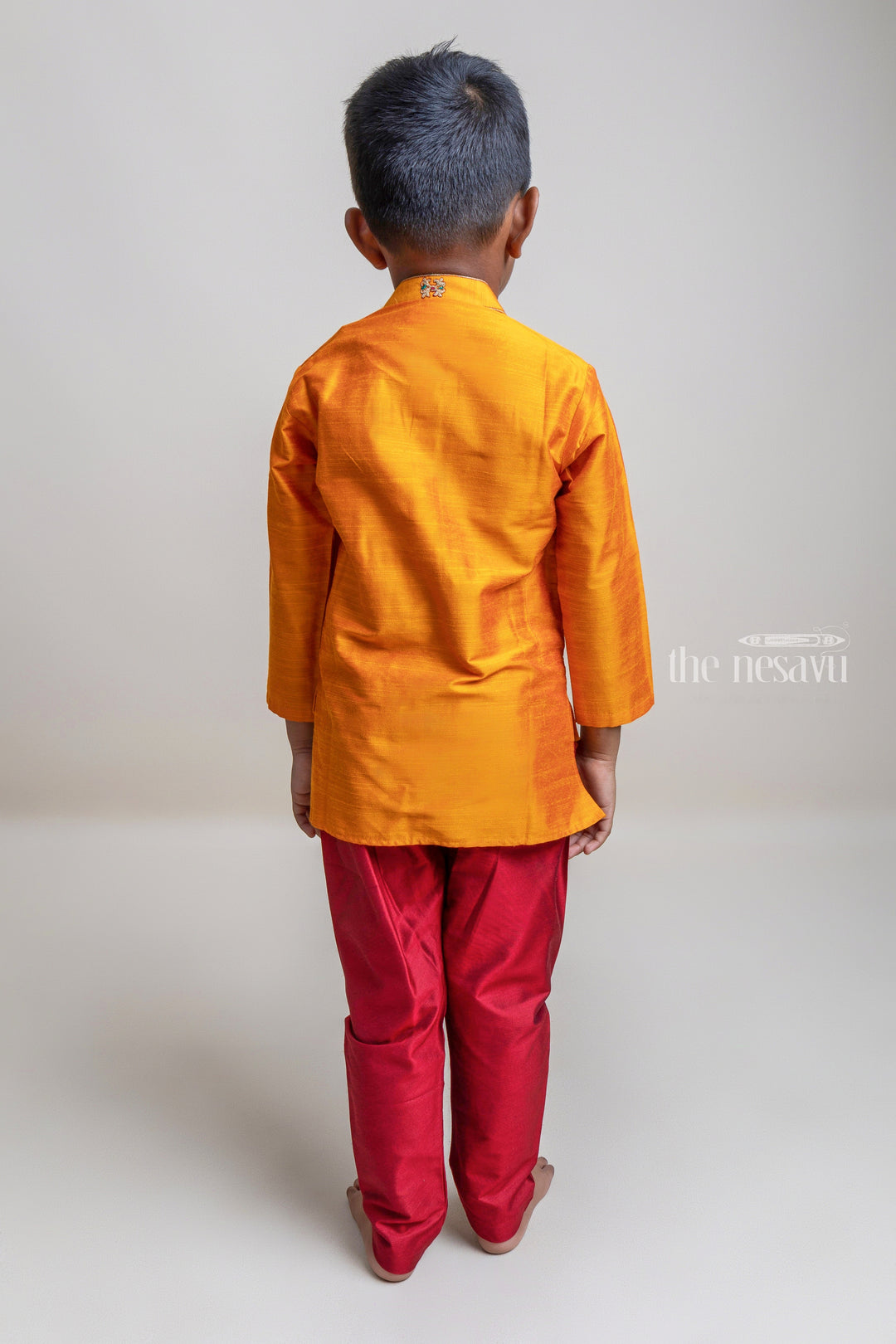 Eye-Catching Golden Yellow Kurta With Cherry Red Pant For Little Boys