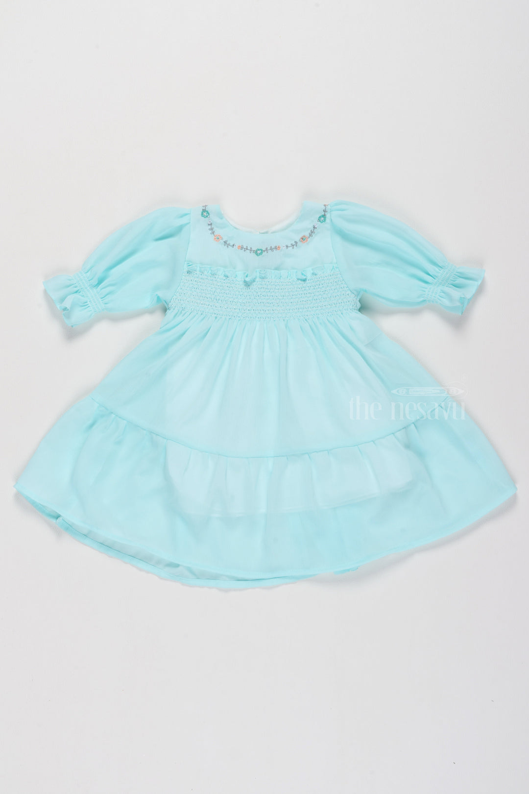The Nesavu Girls Fancy Frock Fancy Birthday Outfits for Girls in Aqua Blue with Elegant Smocked Design Nesavu 16 (1Y) / Blue GFC1499C-16 Fancy Birthday Outfits Girls Aqua Blue Smocked Detailing Floral Embroidery | The Nesavu