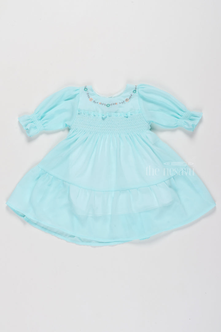 The Nesavu Girls Fancy Frock Fancy Birthday Outfits for Girls in Aqua Blue with Elegant Smocked Design Nesavu 16 (1Y) / Blue GFC1499C-16 Fancy Birthday Outfits Girls Aqua Blue Smocked Detailing Floral Embroidery | The Nesavu