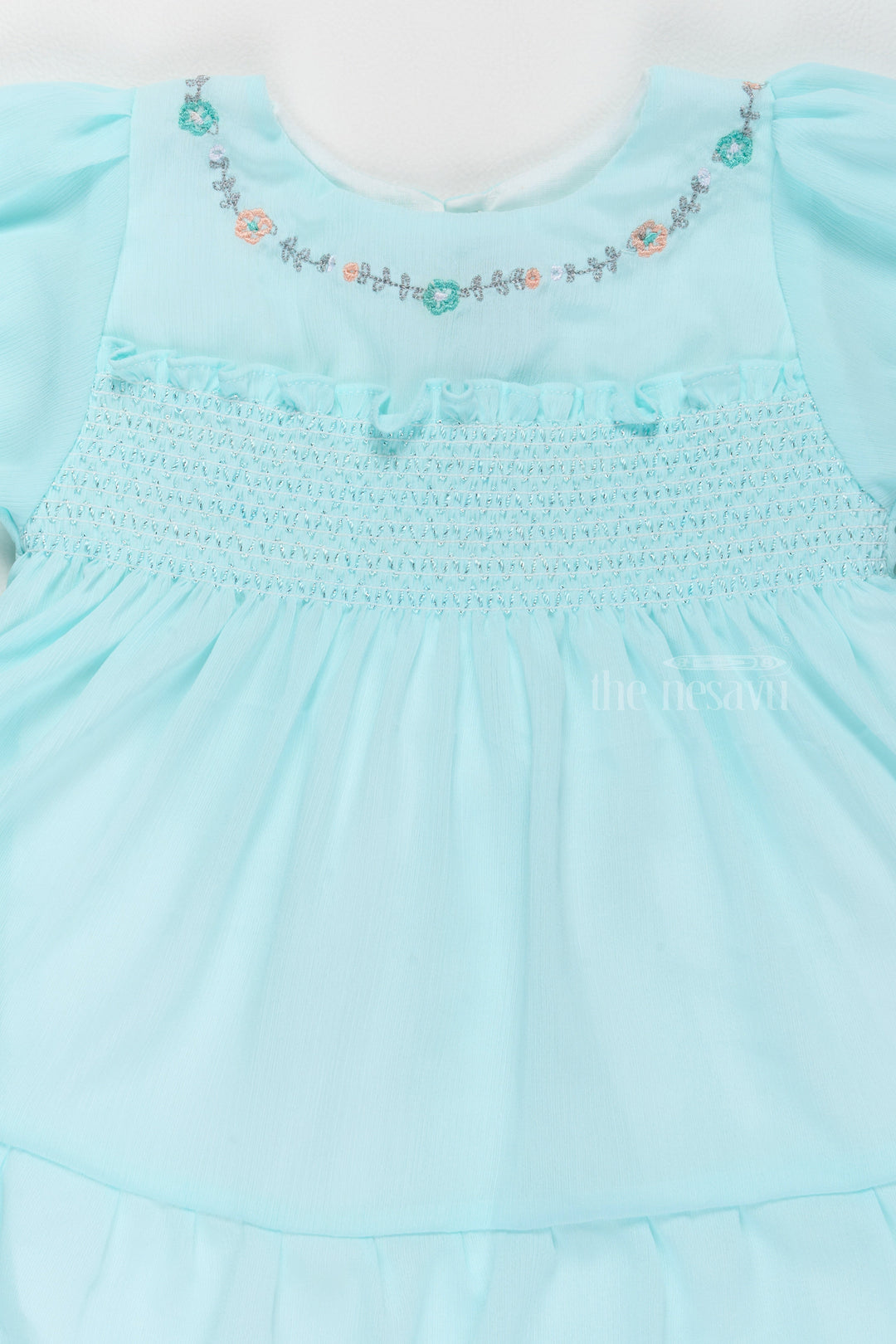 The Nesavu Girls Fancy Frock Fancy Birthday Outfits for Girls in Aqua Blue with Elegant Smocked Design Nesavu Fancy Birthday Outfits Girls Aqua Blue Smocked Detailing Floral Embroidery | The Nesavu