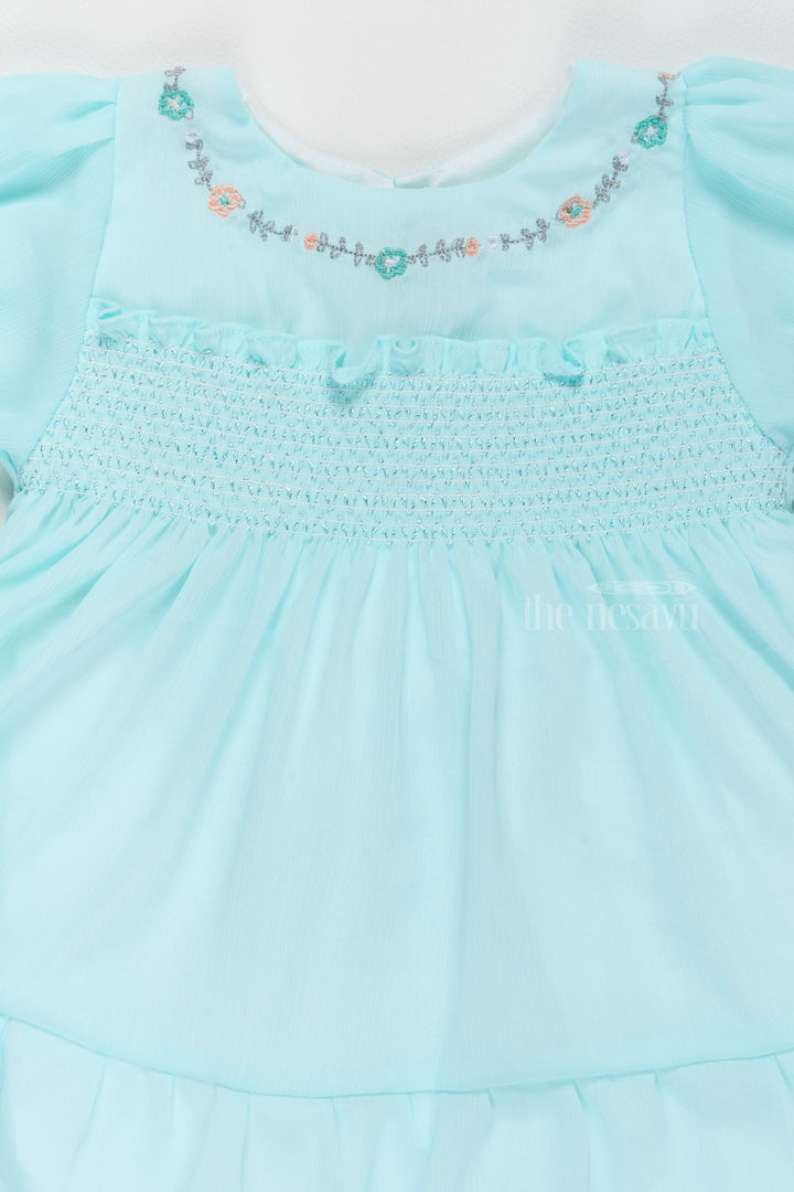 The Nesavu Girls Fancy Frock Fancy Birthday Outfits for Girls in Aqua Blue with Elegant Smocked Design Nesavu Fancy Birthday Outfits Girls Aqua Blue Smocked Detailing Floral Embroidery | The Nesavu