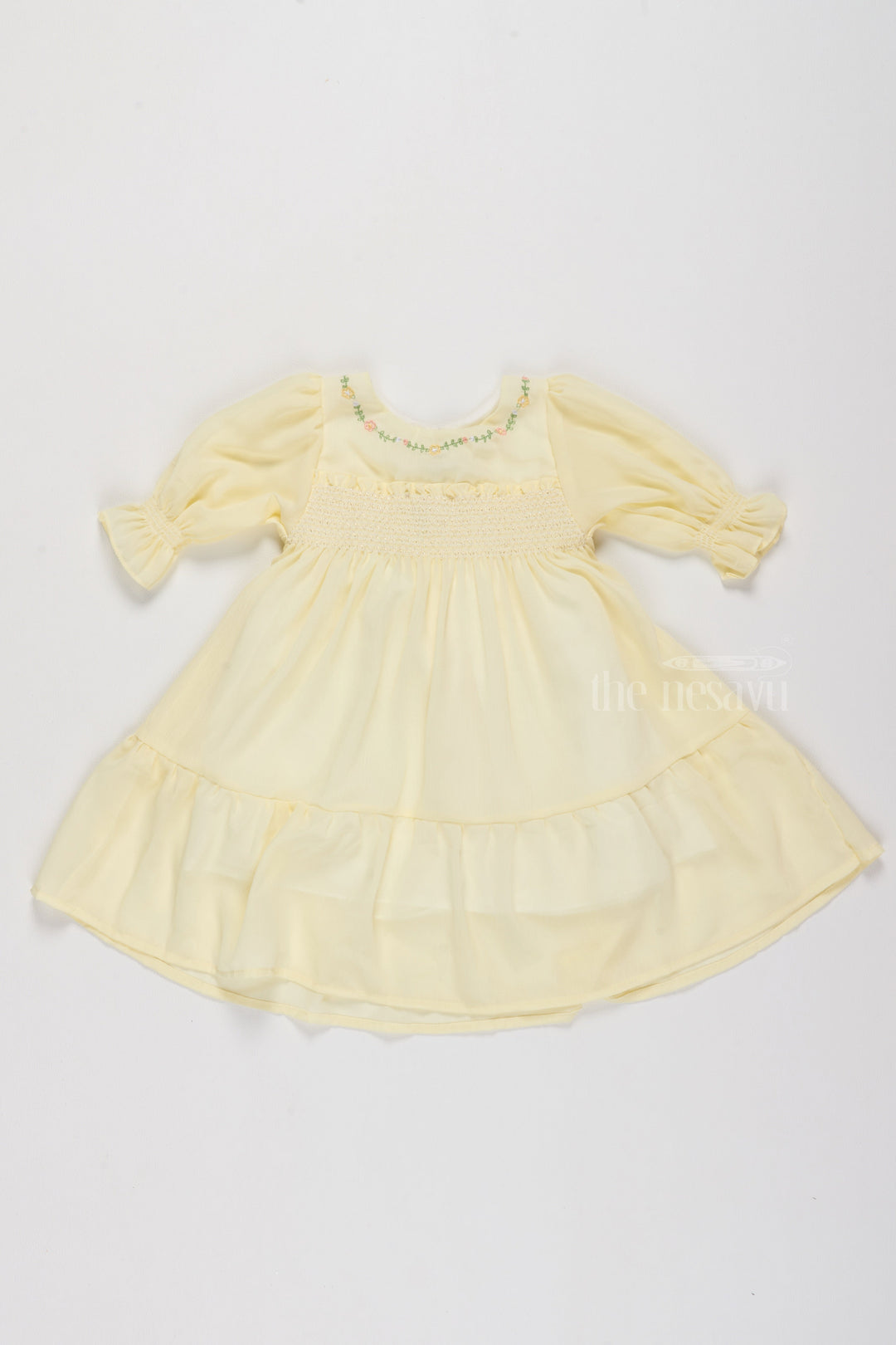 The Nesavu Girls Fancy Frock Fancy Casual Outfits for Girls in Soft Yellow with Floral Embroidery Nesavu 16 (1Y) / Yellow GFC1499A-16 Fancy Casual Outfits Girls Floral Embroidery Smocked Bodice | The Nesavu