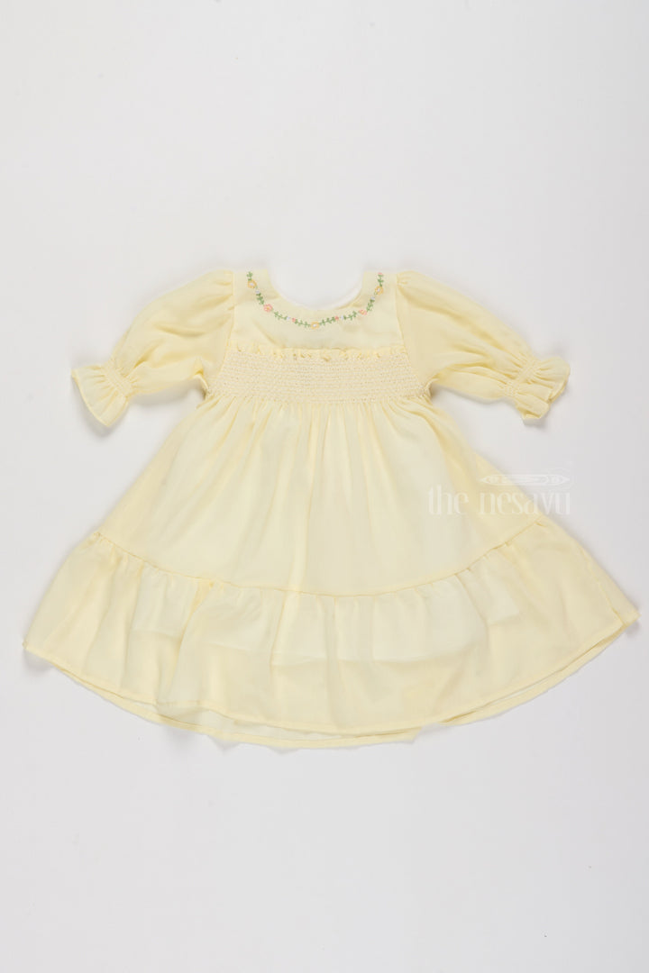 The Nesavu Girls Fancy Frock Fancy Casual Outfits for Girls in Soft Yellow with Floral Embroidery Nesavu 16 (1Y) / Yellow GFC1499A-16 Fancy Casual Outfits Girls Floral Embroidery Smocked Bodice | The Nesavu