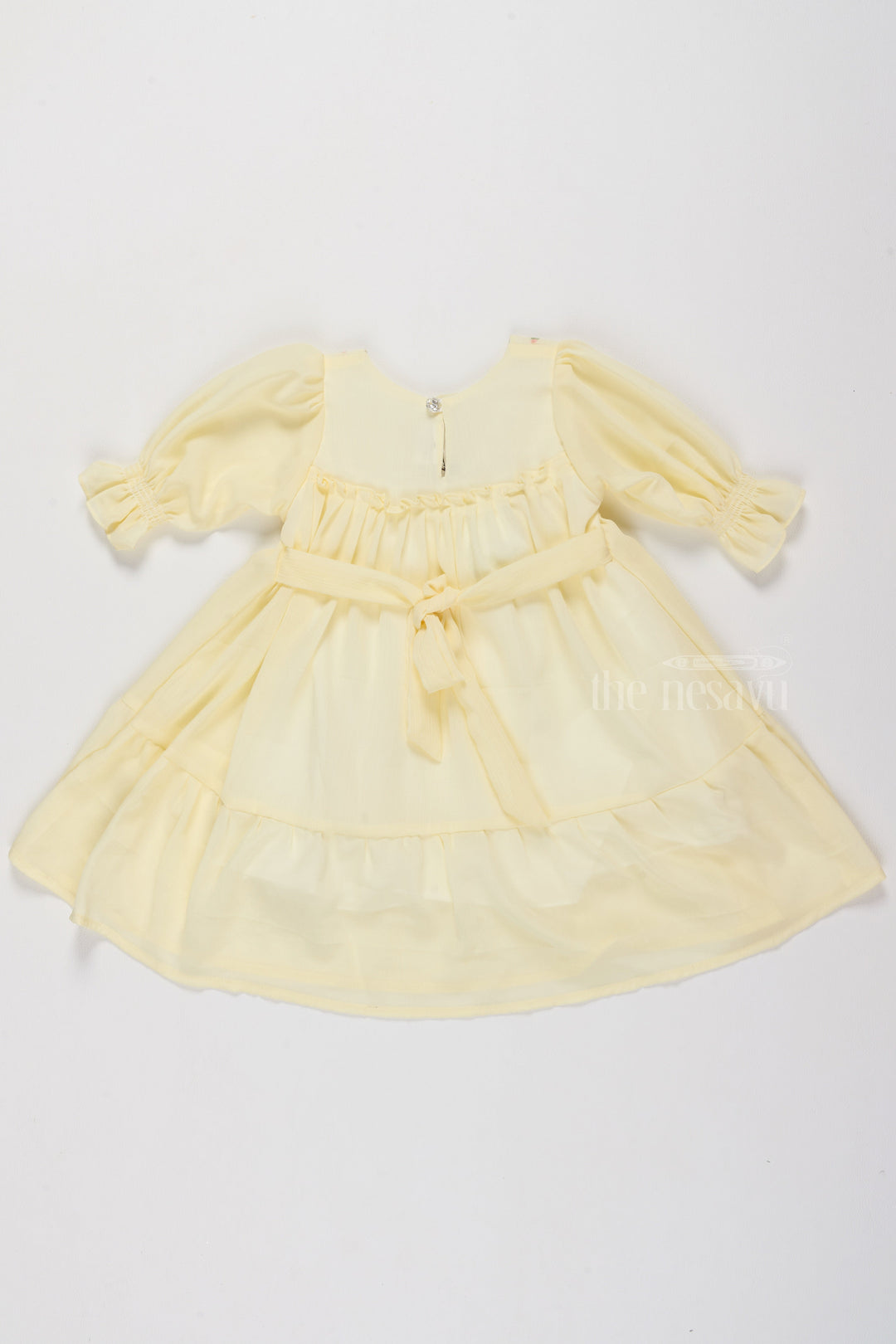 The Nesavu Girls Fancy Frock Fancy Casual Outfits for Girls in Soft Yellow with Floral Embroidery Nesavu Fancy Casual Outfits Girls Floral Embroidery Smocked Bodice | The Nesavu