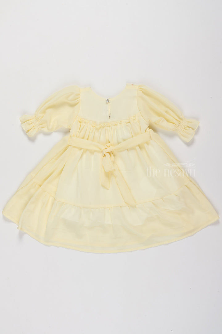 The Nesavu Girls Fancy Frock Fancy Casual Outfits for Girls in Soft Yellow with Floral Embroidery Nesavu Fancy Casual Outfits Girls Floral Embroidery Smocked Bodice | The Nesavu