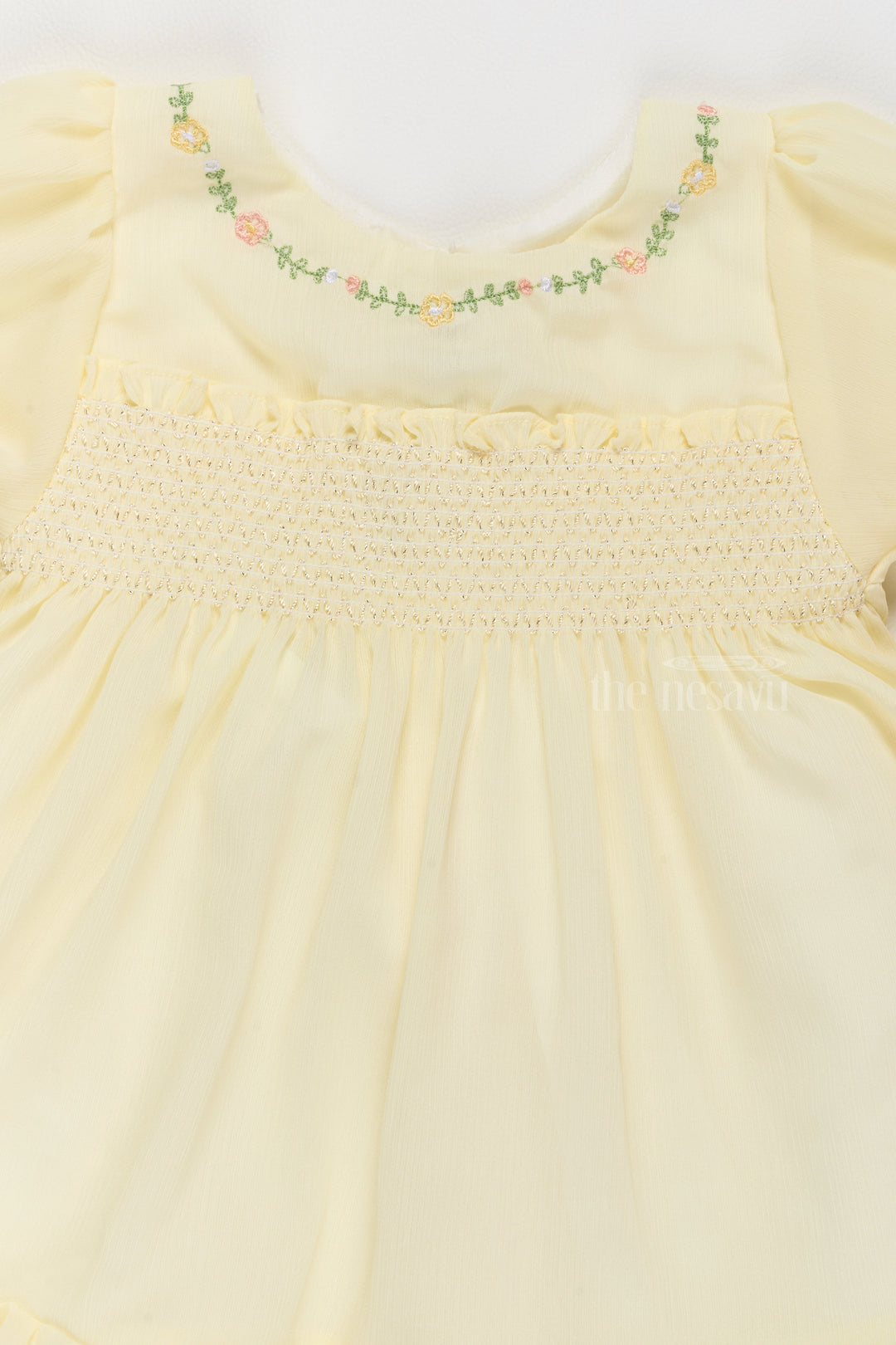 The Nesavu Girls Fancy Frock Fancy Casual Outfits for Girls in Soft Yellow with Floral Embroidery Nesavu Fancy Casual Outfits Girls Floral Embroidery Smocked Bodice | The Nesavu