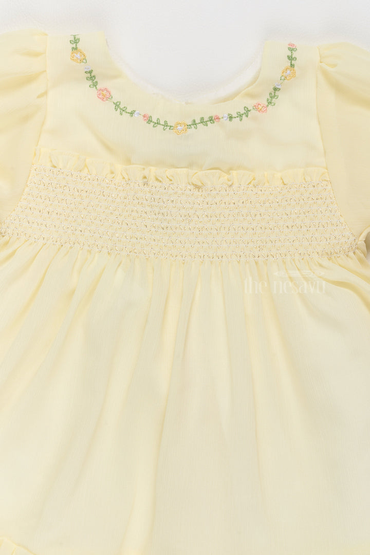 The Nesavu Girls Fancy Frock Fancy Casual Outfits for Girls in Soft Yellow with Floral Embroidery Nesavu Fancy Casual Outfits Girls Floral Embroidery Smocked Bodice | The Nesavu