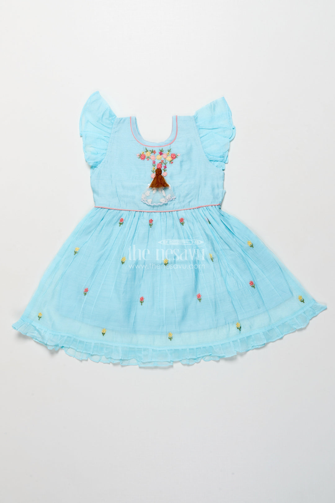The Nesavu Girls Chanderi Frock Fancy Chanderi Cotton Frock for Girls with Doll Embroidery Nesavu 16 (1Y) / Blue GFC1983A-16 Nesavu girls Chanderi cotton frock doll embroidery  perfect birthdays school events