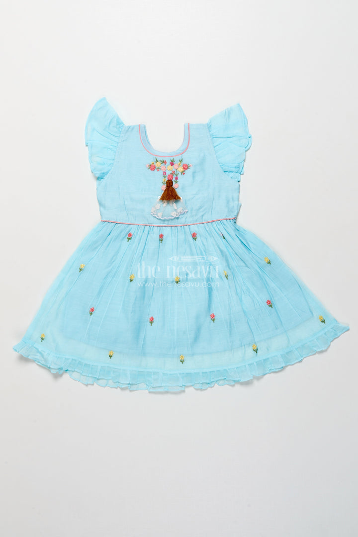 The Nesavu Girls Chanderi Frock Fancy Chanderi Cotton Frock for Girls with Doll Embroidery Nesavu 16 (1Y) / Blue GFC1983A-16 Nesavu girls Chanderi cotton frock doll embroidery  perfect birthdays school events