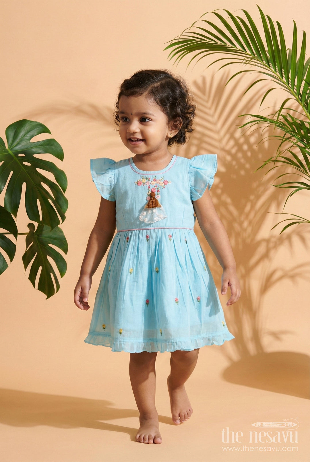 The Nesavu Girls Chanderi Frock Fancy Chanderi Cotton Frock for Girls with Doll Embroidery Nesavu 16 (1Y) / Blue GFC1983A-16 Nesavu girls Chanderi cotton frock doll embroidery  perfect birthdays school events