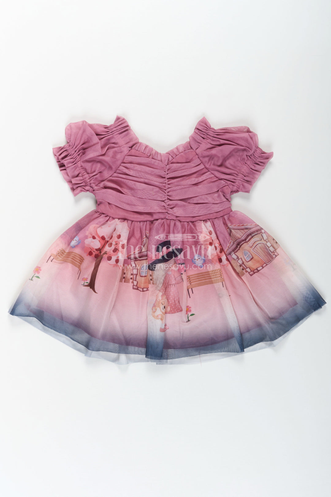 The Nesavu Baby Fancy Frock Fancy Frock for Baby Girl in Mauve Georgette with Printed Skirt and Gathered Sleeves Nesavu 14 (6M) / Pink BFJ767A-14 Fancy Frock Baby Girl Mauve Georgette Digital Printed Skirt | The Nesavu