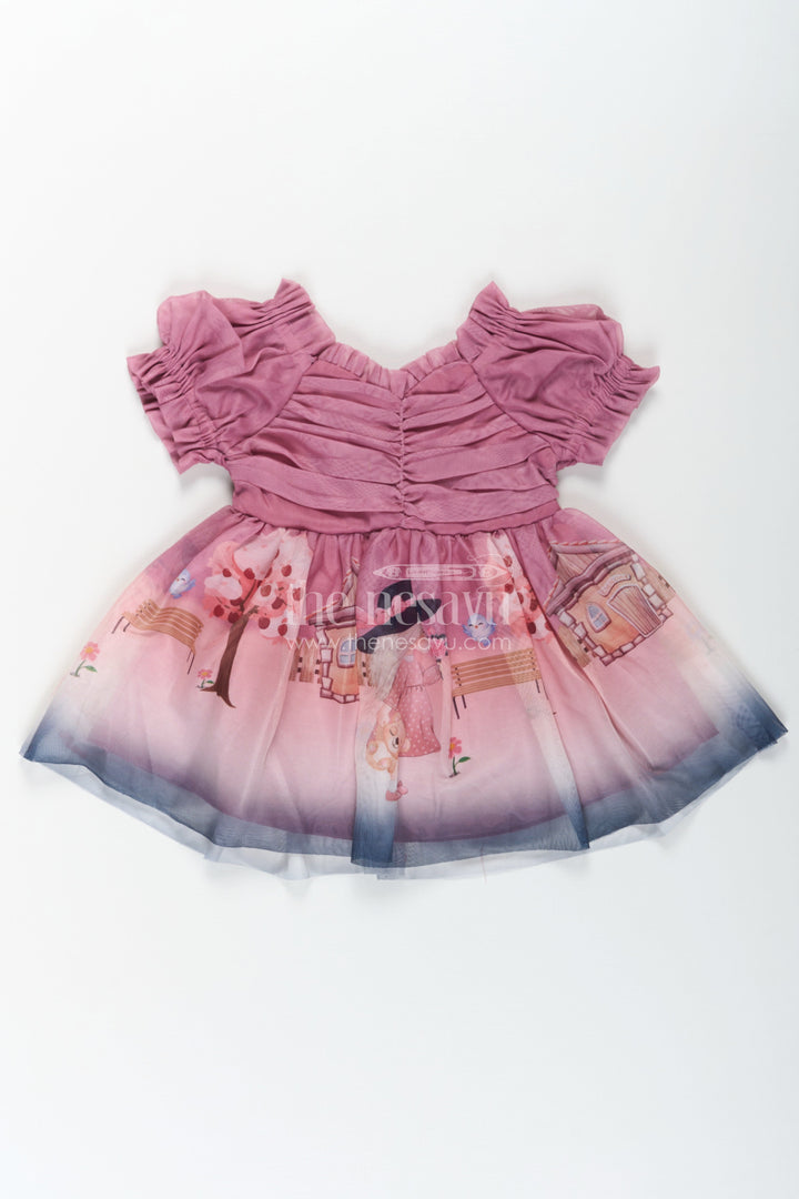 The Nesavu Baby Fancy Frock Fancy Frock for Baby Girl in Mauve Georgette with Printed Skirt and Gathered Sleeves Nesavu 14 (6M) / Pink BFJ767A-14 Fancy Frock Baby Girl Mauve Georgette Digital Printed Skirt | The Nesavu