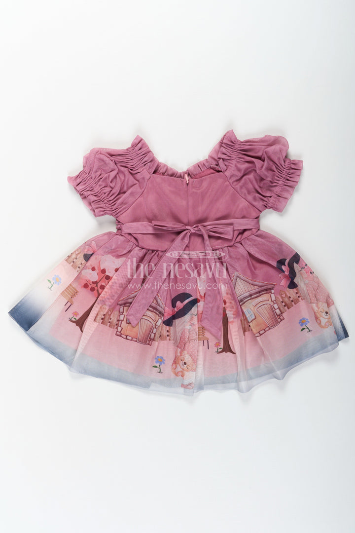 The Nesavu Baby Fancy Frock Fancy Frock for Baby Girl in Mauve Georgette with Printed Skirt and Gathered Sleeves Nesavu Fancy Frock Baby Girl Mauve Georgette Digital Printed Skirt | The Nesavu