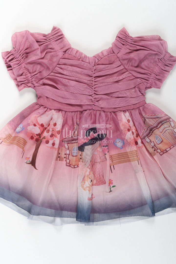 The Nesavu Baby Fancy Frock Fancy Frock for Baby Girl in Mauve Georgette with Printed Skirt and Gathered Sleeves Nesavu Fancy Frock Baby Girl Mauve Georgette Digital Printed Skirt | The Nesavu