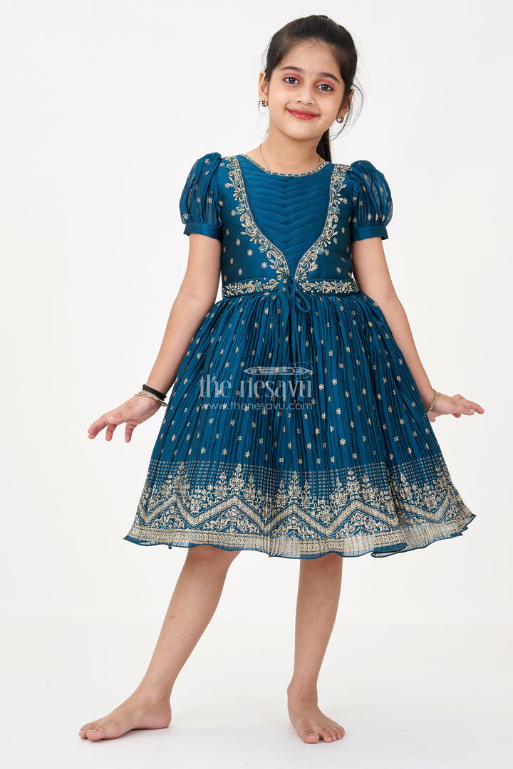 The Nesavu Silk Frock Fancy Frock for Baby Girls in Chinon Silk with Gold Zari Border and Embroidered Yoke Nesavu 18 (2Y) / Green SF983B-18 Fancy Frock Baby Girls Chinon Silk Zari Embroidery Gold Border | The Nesavu