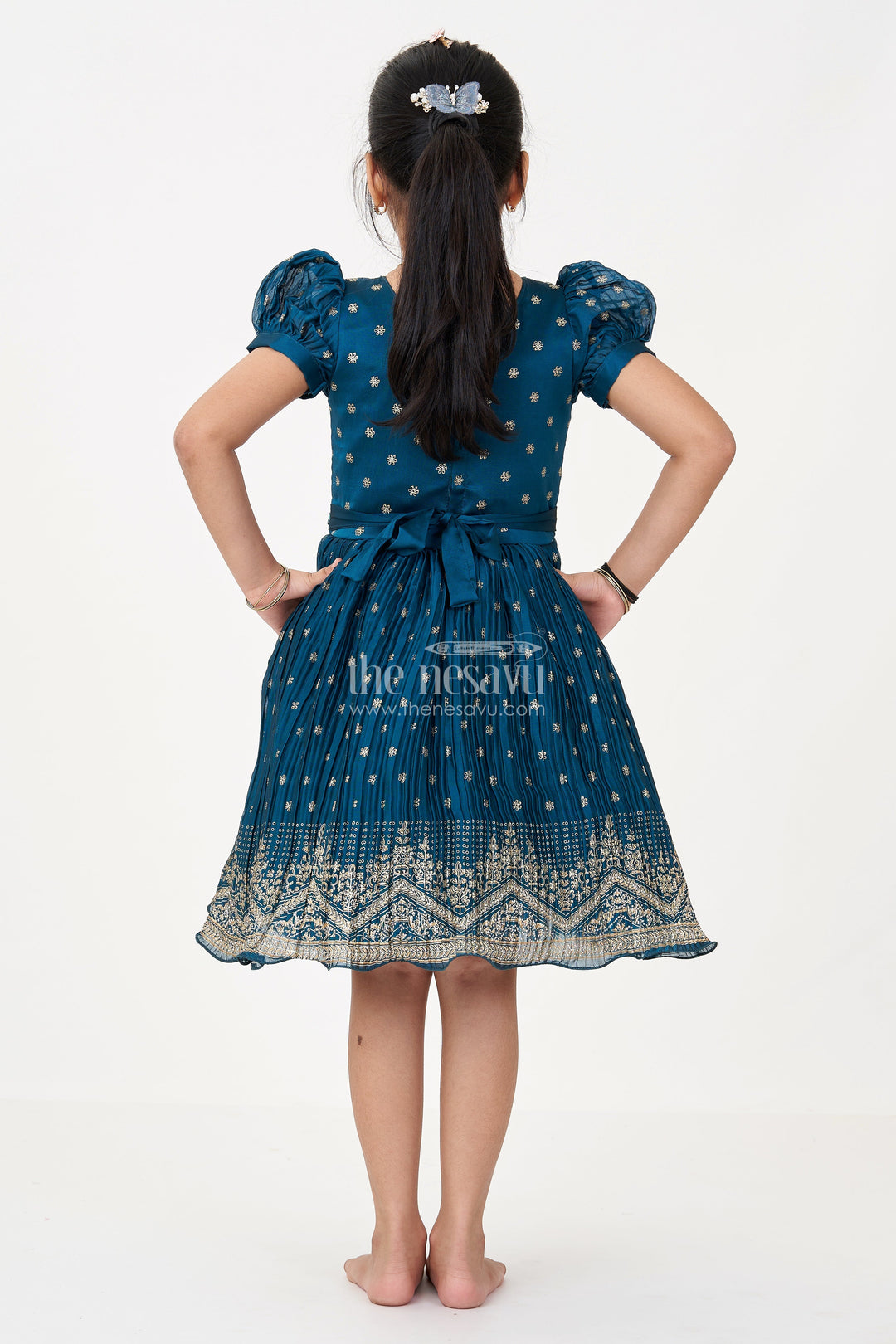 The Nesavu Silk Frock Fancy Frock for Baby Girls in Chinon Silk with Gold Zari Border and Embroidered Yoke Nesavu Fancy Frock Baby Girls Chinon Silk Zari Embroidery Gold Border | The Nesavu