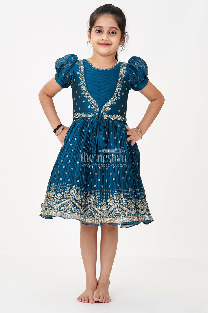 The Nesavu Silk Frock Fancy Frock for Baby Girls in Chinon Silk with Gold Zari Border and Embroidered Yoke Nesavu Fancy Frock Baby Girls Chinon Silk Zari Embroidery Gold Border | The Nesavu
