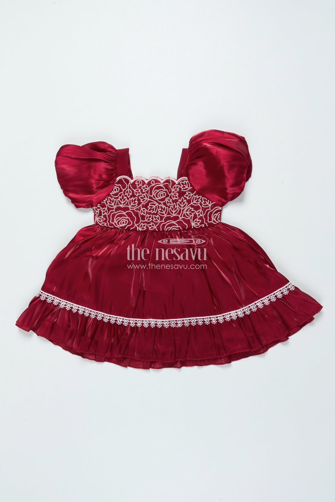 The Nesavu Girls Fancy Frock Fancy Frock for Baby Girls with Embroidery and Puff Sleeves Nesavu 14 (6M) / Red GFC1905A-14 Nesavu fancy frock baby girls embroidered yoke puff sleeves festive birthday wear