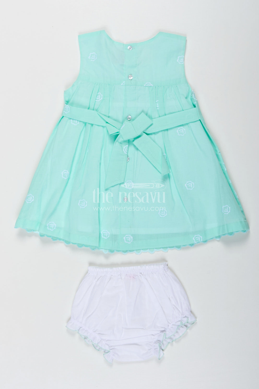 The Nesavu Baby Cotton Frocks Fancy Frock Suit for Baby Girls in Light Green Cotton Hakoba Embroidery with Bloomers Nesavu Fancy Frock Suit Baby Girls Green Cotton Hakoba Bow Matching Bloomers | The Nesavu