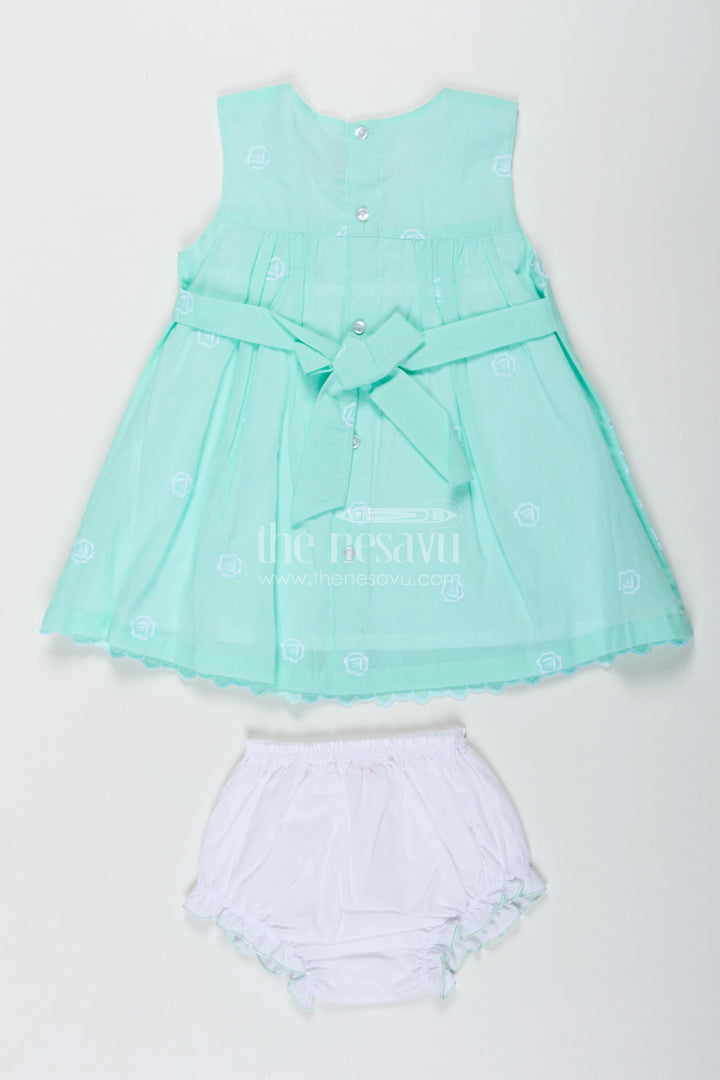 The Nesavu Baby Cotton Frocks Fancy Frock Suit for Baby Girls in Light Green Cotton Hakoba Embroidery with Bloomers Nesavu Fancy Frock Suit Baby Girls Green Cotton Hakoba Bow Matching Bloomers | The Nesavu