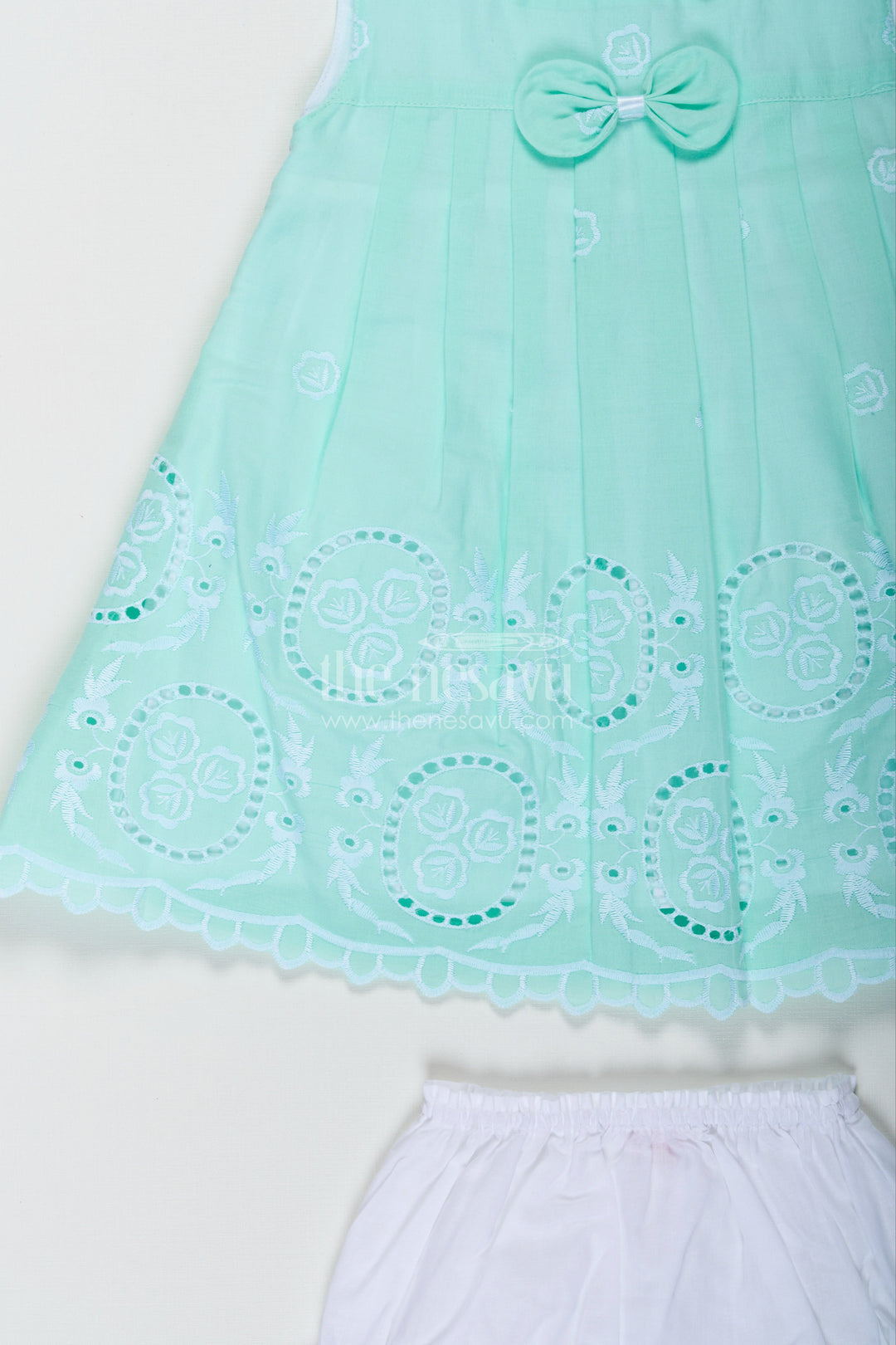 The Nesavu Baby Cotton Frocks Fancy Frock Suit for Baby Girls in Light Green Cotton Hakoba Embroidery with Bloomers Nesavu Fancy Frock Suit Baby Girls Green Cotton Hakoba Bow Matching Bloomers | The Nesavu