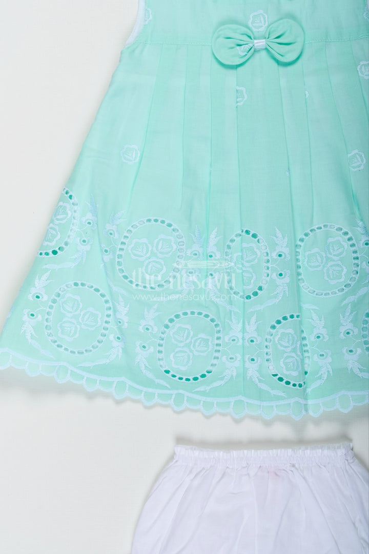 The Nesavu Baby Cotton Frocks Fancy Frock Suit for Baby Girls in Light Green Cotton Hakoba Embroidery with Bloomers Nesavu Fancy Frock Suit Baby Girls Green Cotton Hakoba Bow Matching Bloomers | The Nesavu