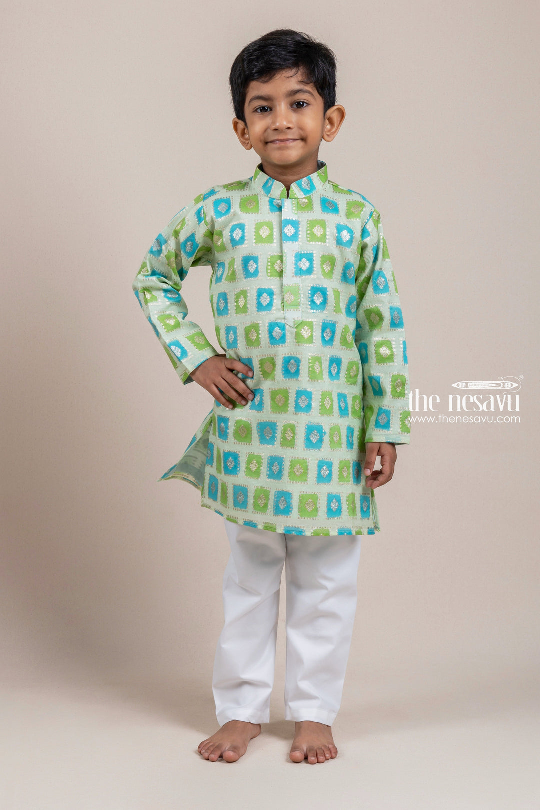 The Nesavu Boys Kurtha Set Fancy Green butta Designer Boys Kurta With White pant Nesavu 14 (6M) / Green / Chanderi BES329A-14 Premium Kurta Collection For Boys | Kurta With Dhoti | The Nesavu