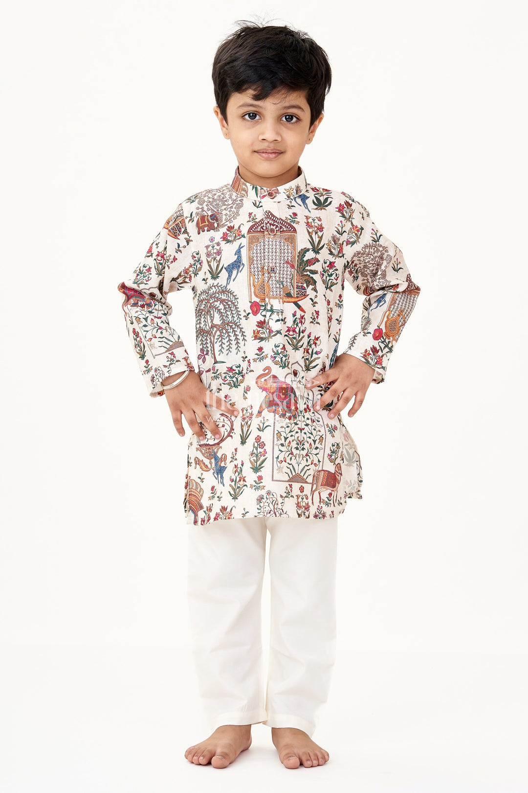 The Nesavu Boys Kurtha Set Fancy Kurta Set for Boys with Ethnic Animal and Floral Digital Prints in Silk Cotton Blend Nesavu Fancy Kurta Set Boys Silk Cotton Blend Ethnic Elephant Floral Digital Prints | The Nesavu