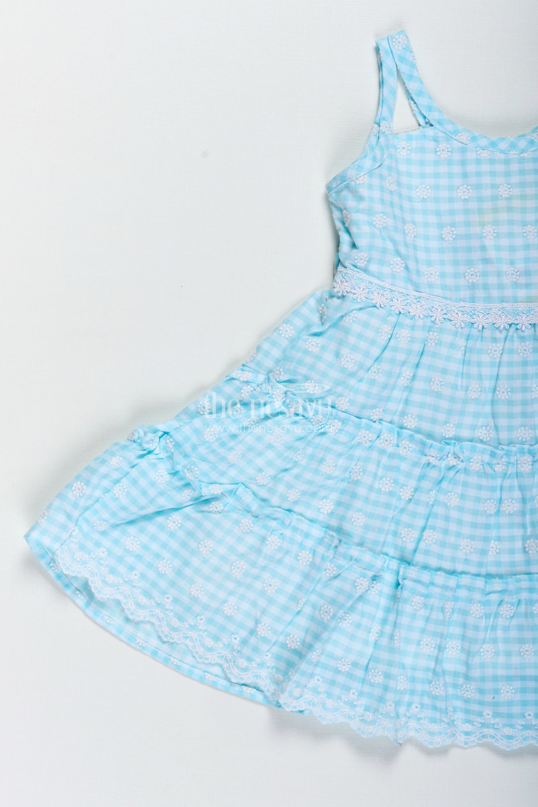 The Nesavu Girls Fancy Frock Fancy Lace Frock for Kids Soft & Lightweight Party Wear Nesavu Nesavu Kids Fancy Frock Lace Mint Green Cotton Featuring Embroidered Tiered Skirt