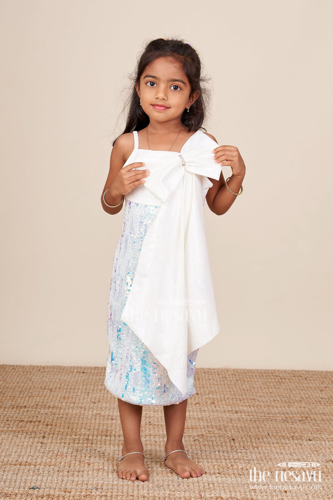 The Nesavu Girls Fancy Party Frock Fancy Party Frock for Baby Girl with Sequin Sparkle and Satin Bow Nesavu 18 (2Y) / Blue PF274A-18 Nesavu baby girl sequin party frock bow matching bag birthdays events