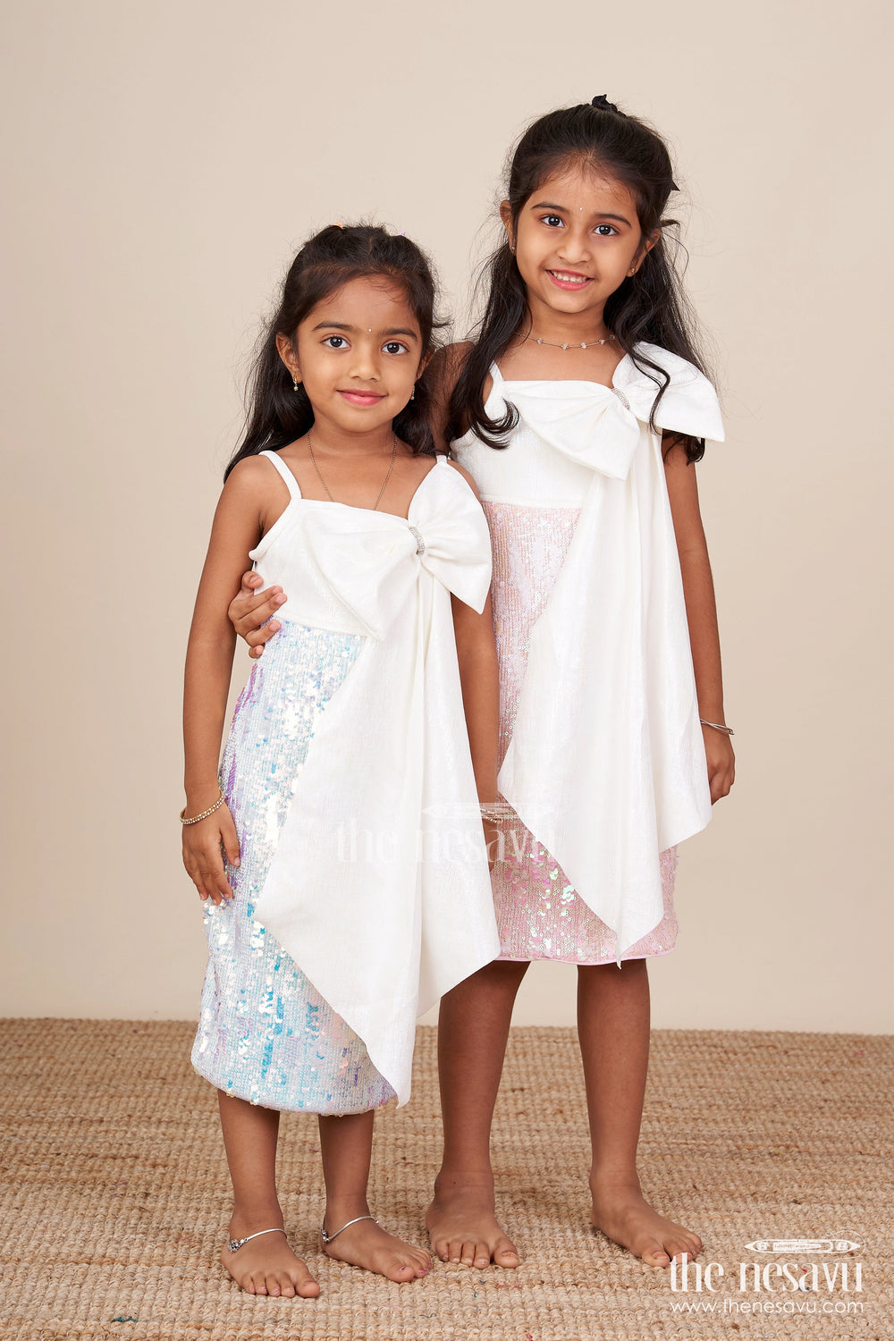 The Nesavu Girls Fancy Party Frock Fancy Party Frock for Baby Girl with Sequin Sparkle and Satin Bow Nesavu Nesavu baby girl sequin party frock bow matching bag birthdays events