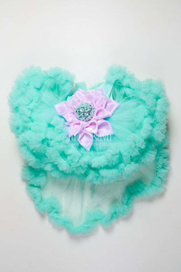 The Nesavu Girls Fancy Party Frock Fancy Party Frock with Floral Embellishment for Baby Girls Nesavu 16 (1Y) / Green PF213B-16 Nesavu fancy party frock baby girls floral embellishment soft net