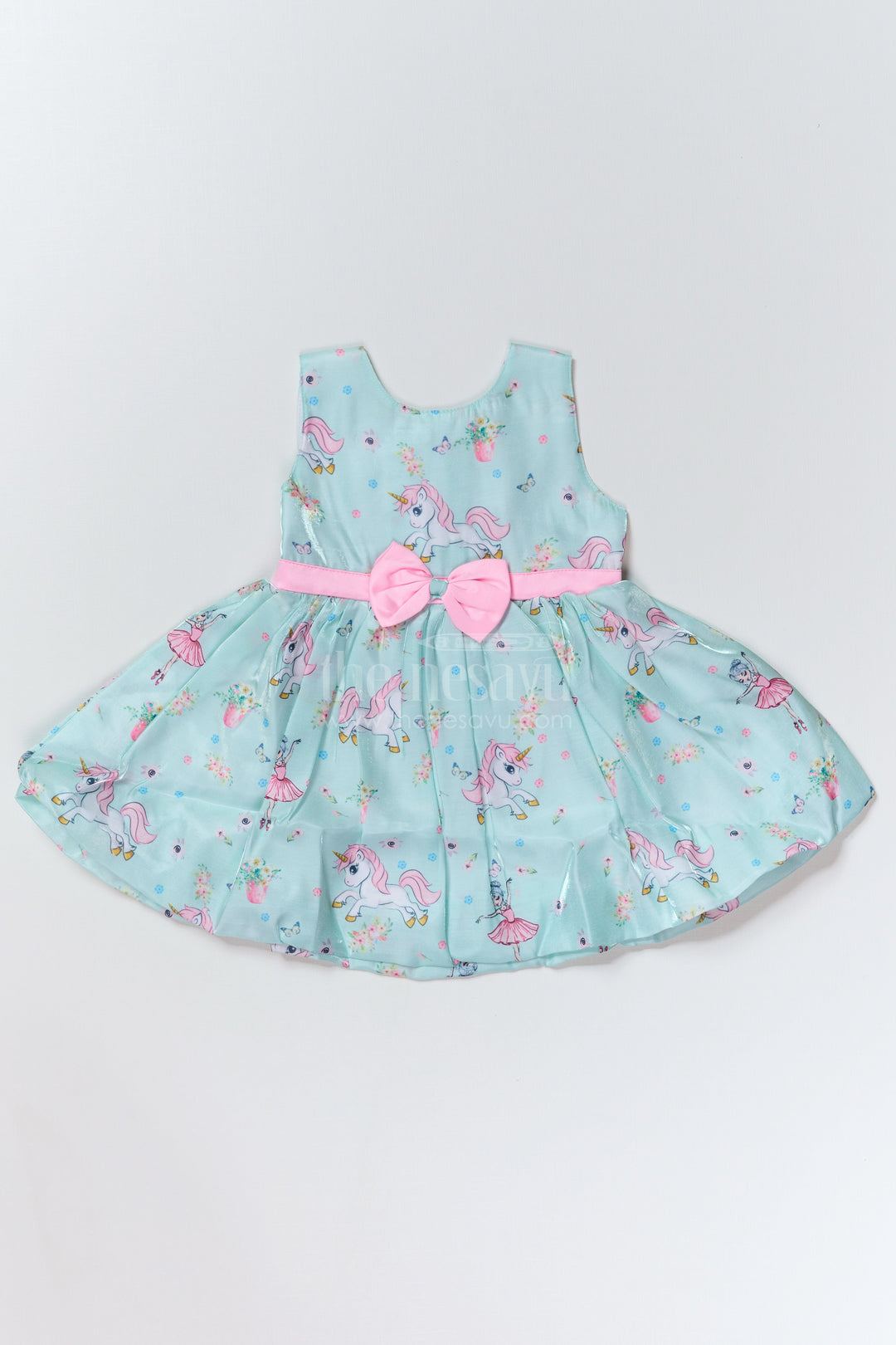 The Nesavu Baby Fancy Frock Fancy Party Wear for Baby Girls in Glaza Satin Organza with Unicorn Print and Bow Detail Nesavu 14 (6M) / Green BFJ723A-14 Fancy Party Wear Baby Girls Glaza Satin Organza Unicorn Print Bow Detail | The Nesavu