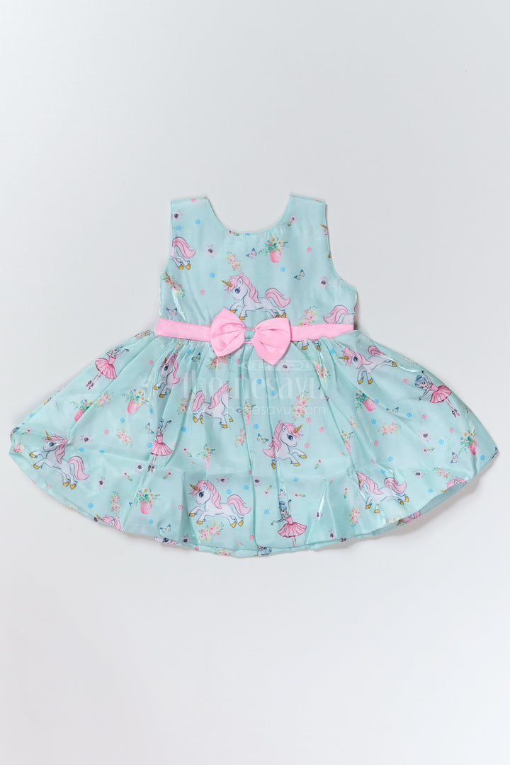 The Nesavu Baby Fancy Frock Fancy Party Wear for Baby Girls in Glaza Satin Organza with Unicorn Print and Bow Detail Nesavu 14 (6M) / Green BFJ723A-14 Fancy Party Wear Baby Girls Glaza Satin Organza Unicorn Print Bow Detail | The Nesavu