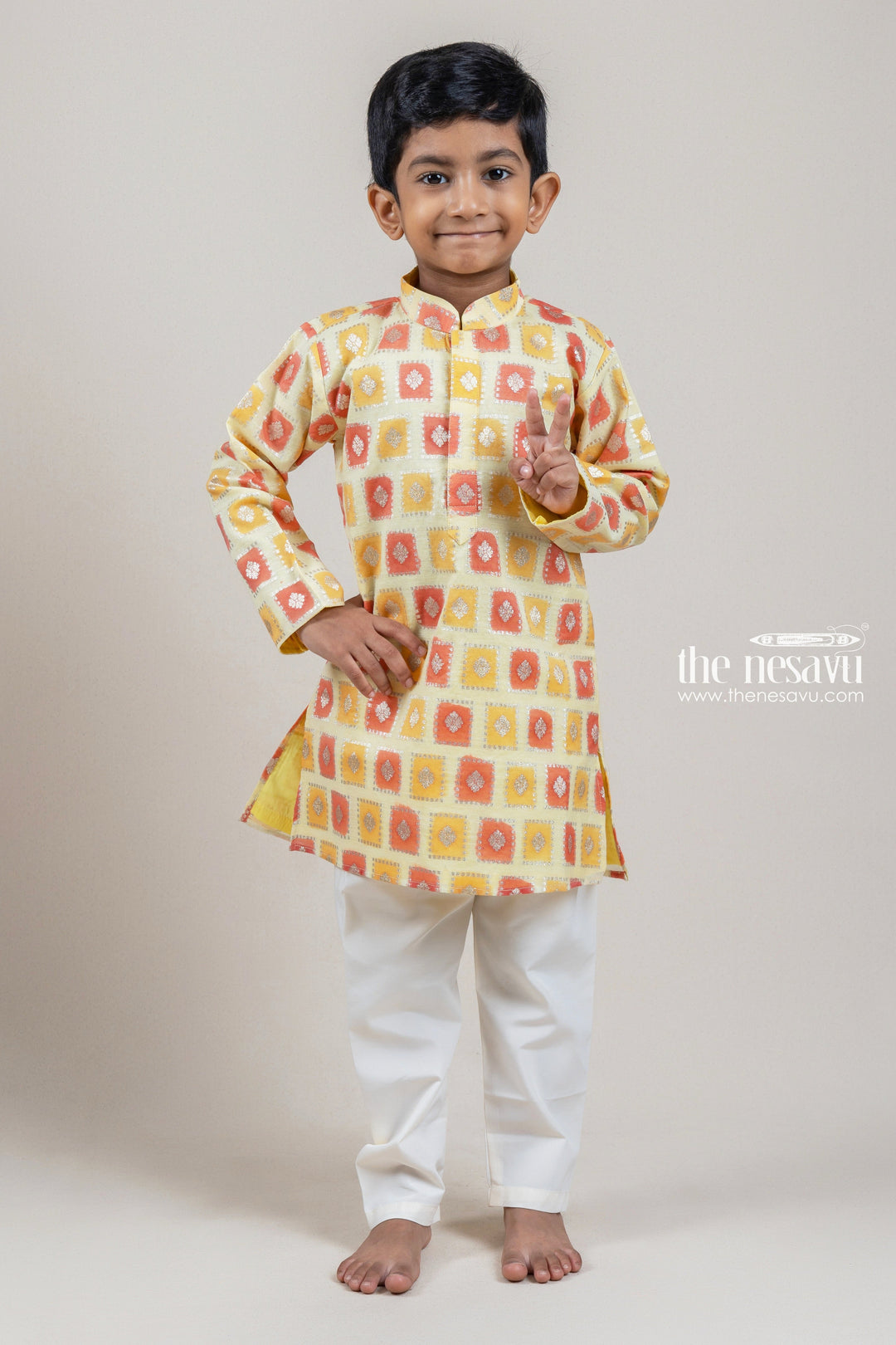 The Nesavu Boys Kurtha Set Fancy Yellow Butta Designer Boys Kurta With White pant Nesavu 14 (6M) / Yellow / Chanderi BES329B-14 Premium Kurta Collection For Boys | Kurta With Dhoti | The Nesavu