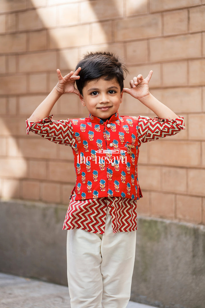 The Nesavu Boys Jacket Sets Fashionable Red Zig-Zag Printed Kurta Set With Overjacket For Boys Nesavu Festive Wear Collection For Boys | Premium kurta Set | The Nesavu