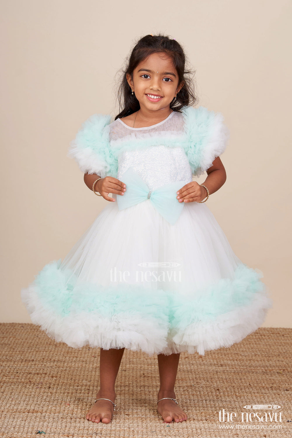 The Nesavu Girls Fancy Party Frock Feather-Trimmed Soft Net Party Frock for Baby Girls Dreamy Look for Birthdays Nesavu Feather-trimmed baby girl party frock soft net  perfect birthdays celebrations