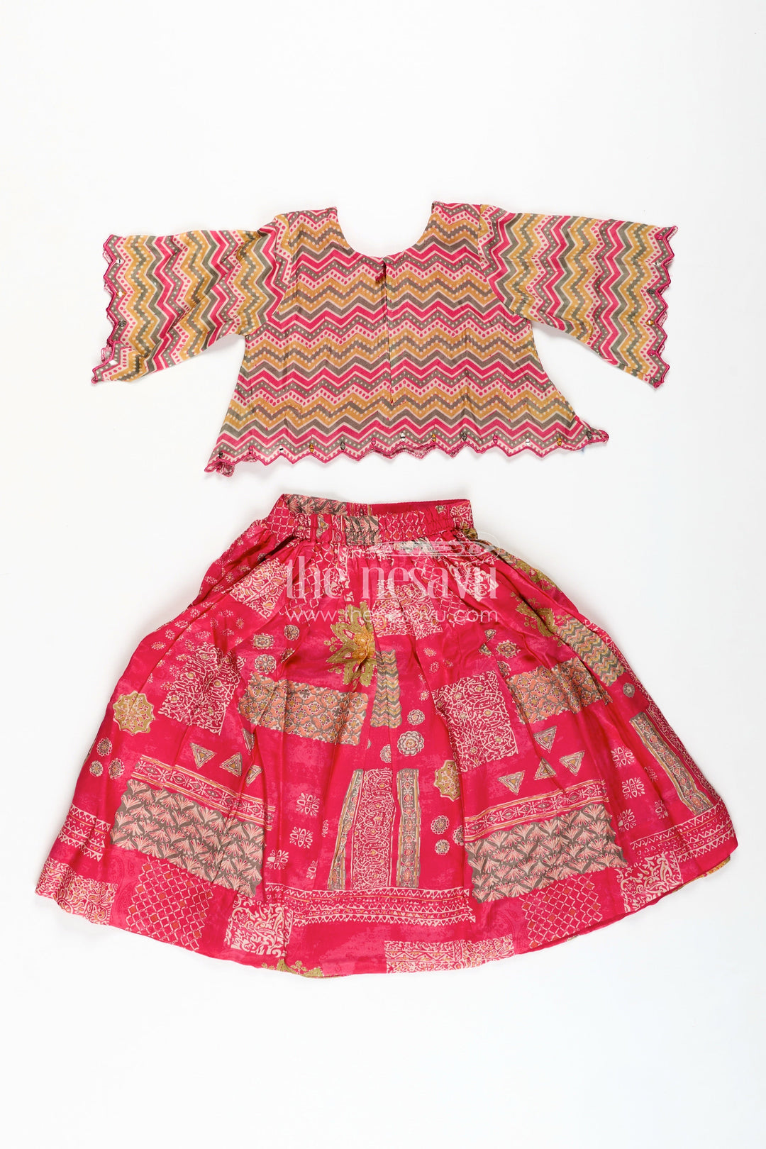 The Nesavu Girls Lehenga Choli Festival Lehenga for Girls Embroidered Ethnic Outfit Nesavu Nesavu Pink Girls Festival Lehenga Digital Print Zigzag Pattern Blouse Ethnic Styling