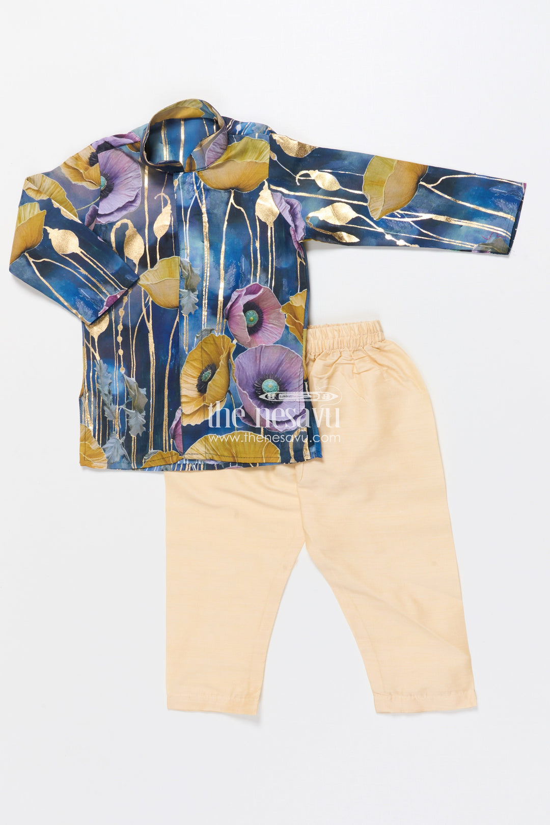 The Nesavu Boys Kurtha Set Festive Boys Kurta Set with Floral Foil Detailing and Silk Blend Nesavu 14 (6M) / Yellow BES842B-14 Nesavu boys silk blend kurta set foil floral print perfect festive days weddings