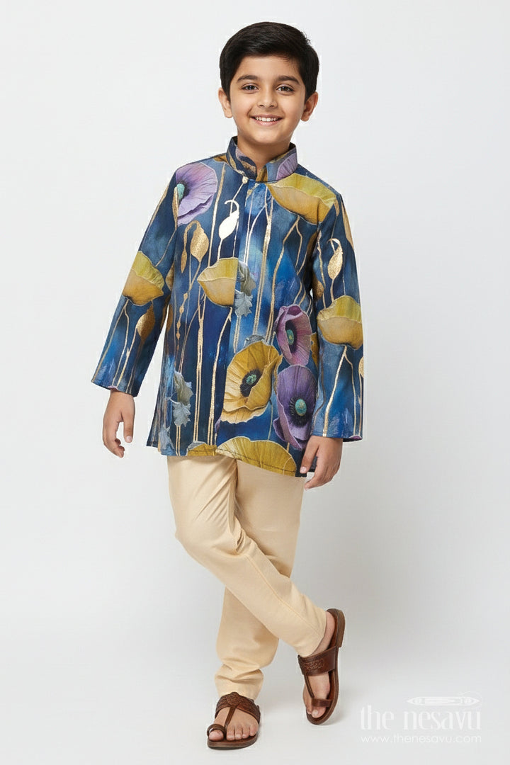 The Nesavu Boys Kurtha Set Festive Boys Kurta Set with Floral Foil Detailing and Silk Blend Nesavu 14 (6M) / Yellow BES842B-14 Nesavu boys silk blend kurta set foil floral print perfect festive days weddings