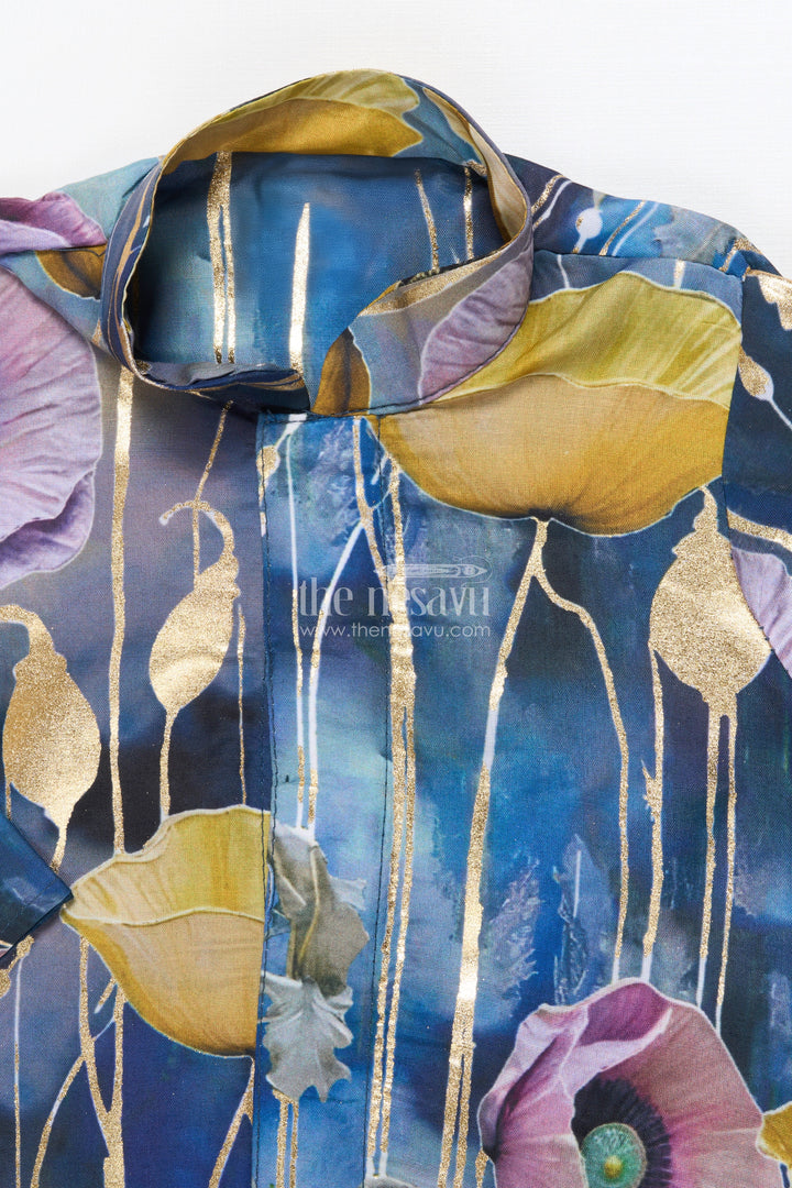 The Nesavu Boys Kurtha Set Festive Boys Kurta Set with Floral Foil Detailing and Silk Blend Nesavu Nesavu boys silk blend kurta set foil floral print perfect festive days weddings