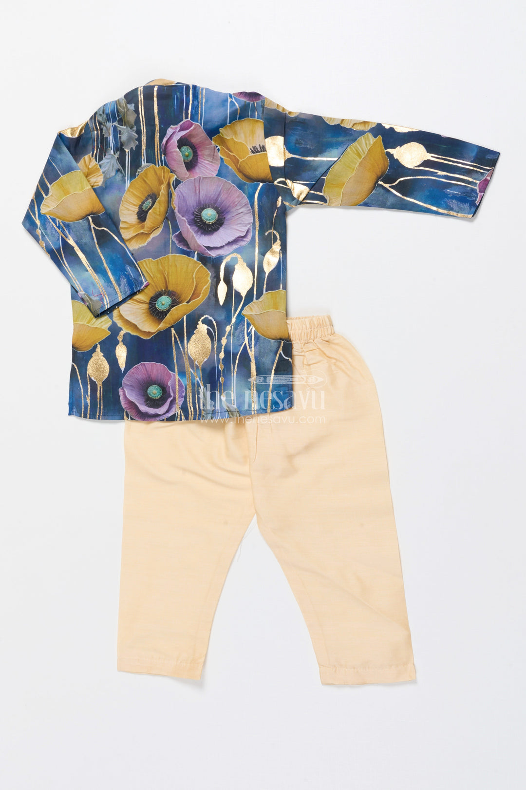 The Nesavu Boys Kurtha Set Festive Boys Kurta Set with Floral Foil Detailing and Silk Blend Nesavu Nesavu boys silk blend kurta set foil floral print perfect festive days weddings
