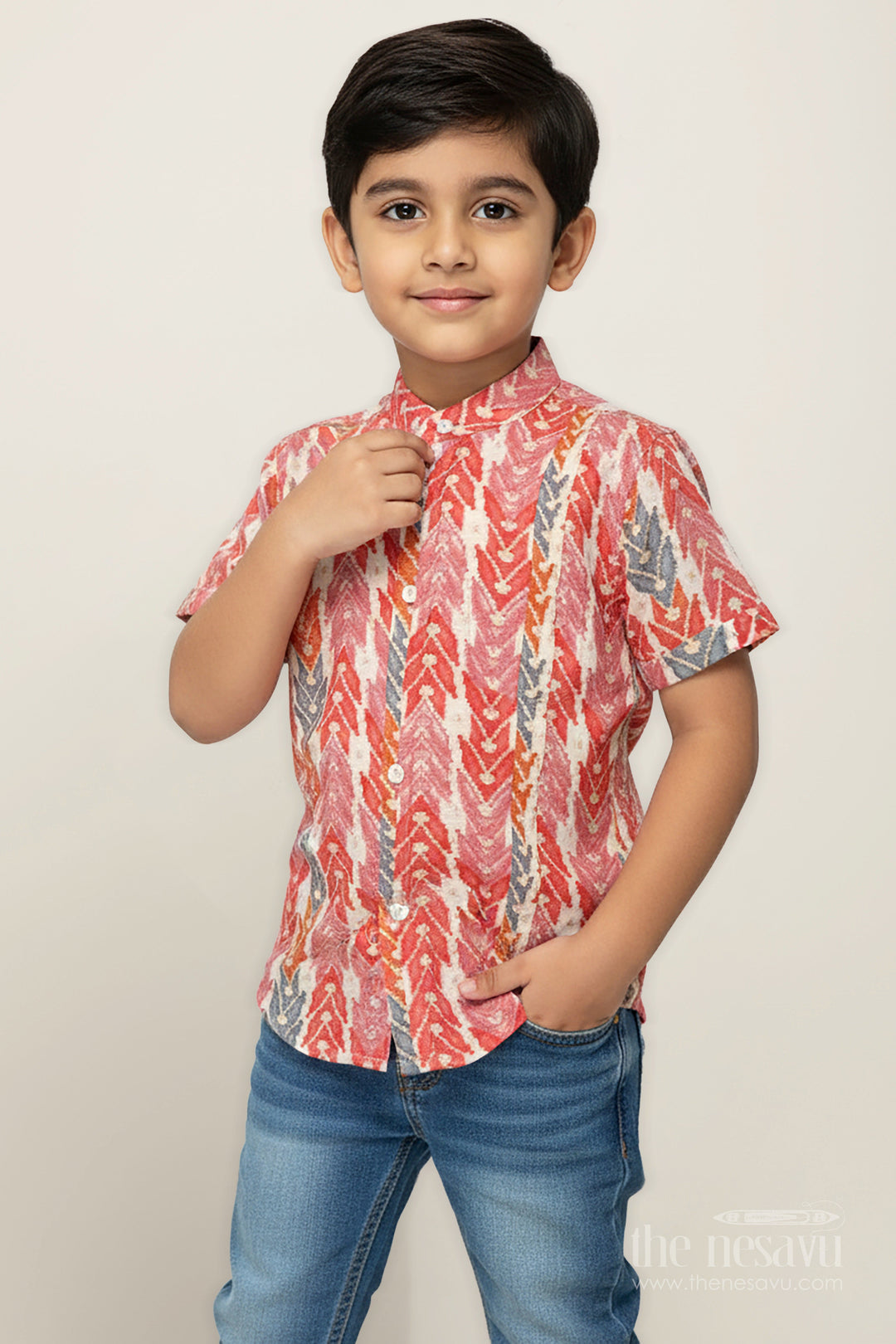 The Nesavu Boys Cotton Shirt Festive Boys Shirt with Tribal Pattern in Warm Tones and Soft Modal Silk for a Vibrant Traditional Look Nesavu 16 (1Y) / Red BS258B-16 Nesavu Festive Boys Shirt Tribal Digital Print Modal Silk Traditional Celebrations
