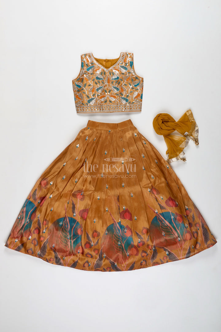 The Nesavu Girls Lehenga Choli Festive Lehenga for Girls Embellished Partywear Skirt Nesavu Nesavu Yellow Modal Silk Girls Lehenga Floral Embellishments Graduation Special Occasions