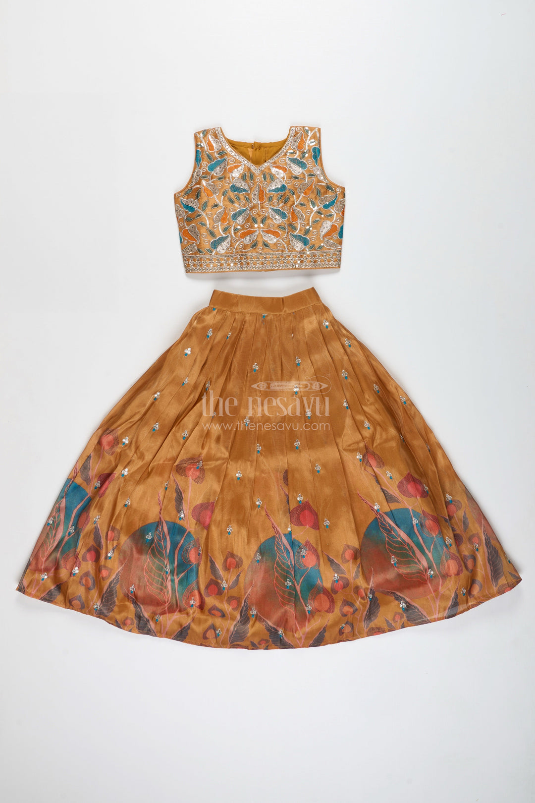 The Nesavu Girls Lehenga Choli Festive Lehenga for Girls Embellished Partywear Skirt Nesavu Nesavu Yellow Modal Silk Girls Lehenga Floral Embellishments Graduation Special Occasions