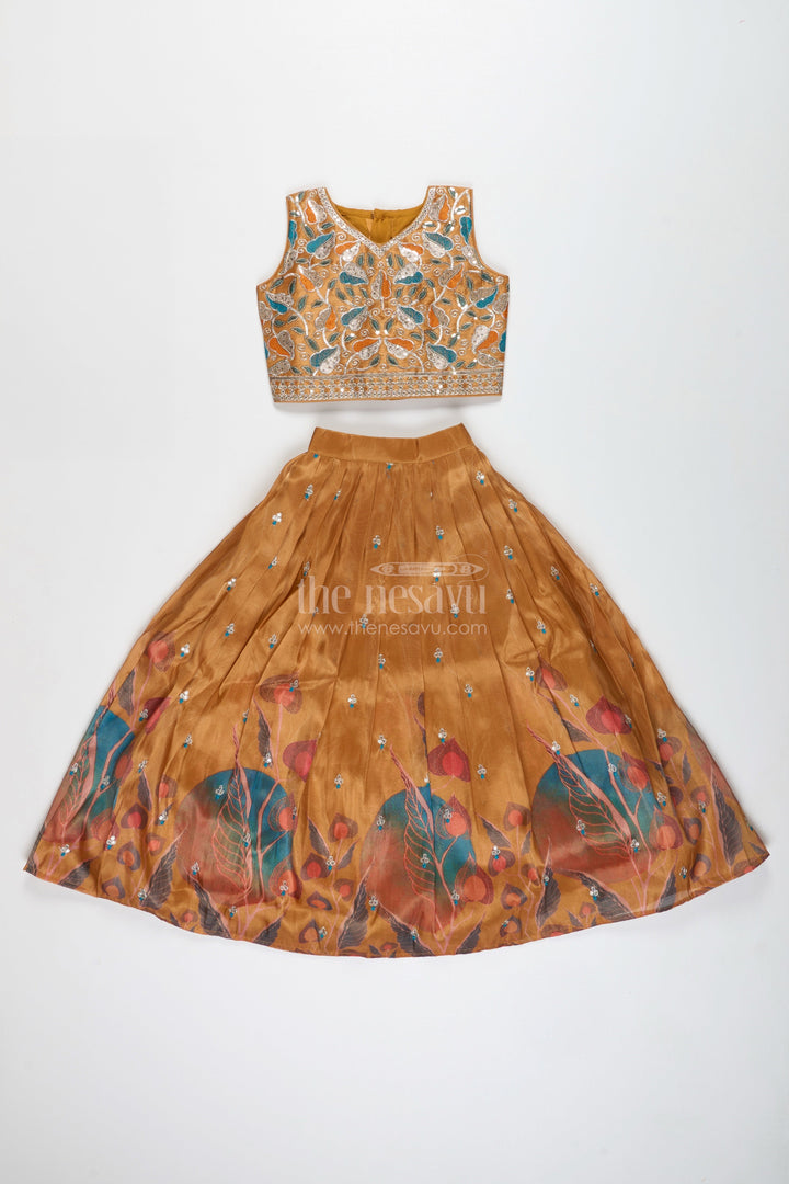 The Nesavu Girls Lehenga Choli Festive Lehenga for Girls Embellished Partywear Skirt Nesavu Nesavu Yellow Modal Silk Girls Lehenga Floral Embellishments Graduation Special Occasions