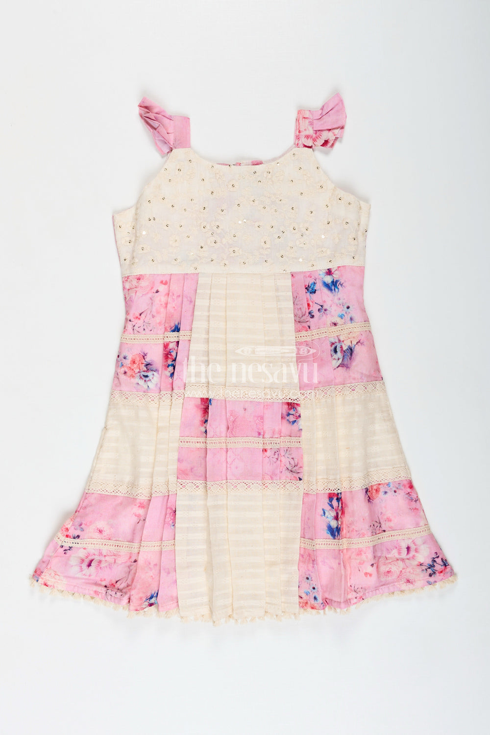 The Nesavu Girls Cotton Frock Festive Occasion Dress for Baby Girls Traditional Touch Nesavu 22 (4Y) / Peach GFC1813A-22 Nesavu Frock Baby Girl Festive Occasions Cotton Sequins Lace Pleated Panels