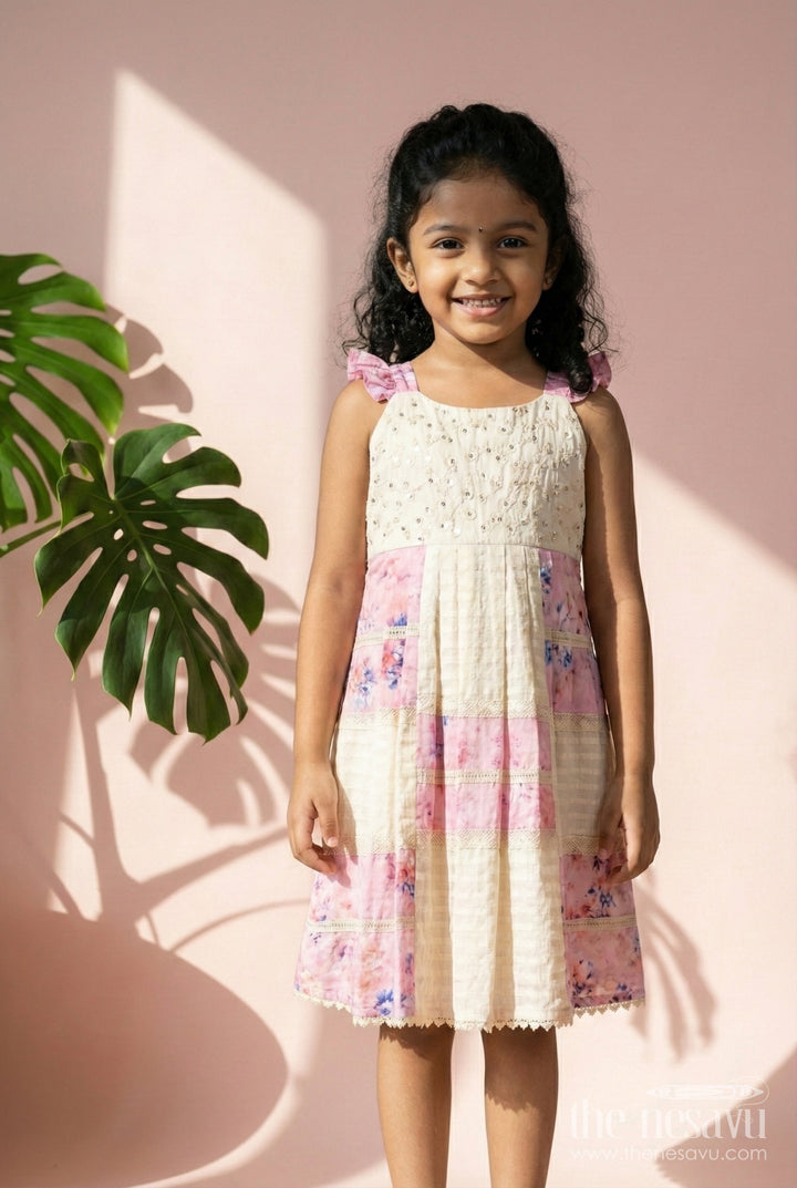 The Nesavu Girls Cotton Frock Festive Occasion Dress for Baby Girls Traditional Touch Nesavu 22 (4Y) / Peach GFC1813A-22 Nesavu Frock Baby Girl Festive Occasions Cotton Sequins Lace Pleated Panels